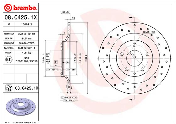 BREMBO Féktárcsa, mind 08.C425.1X_BREMBO