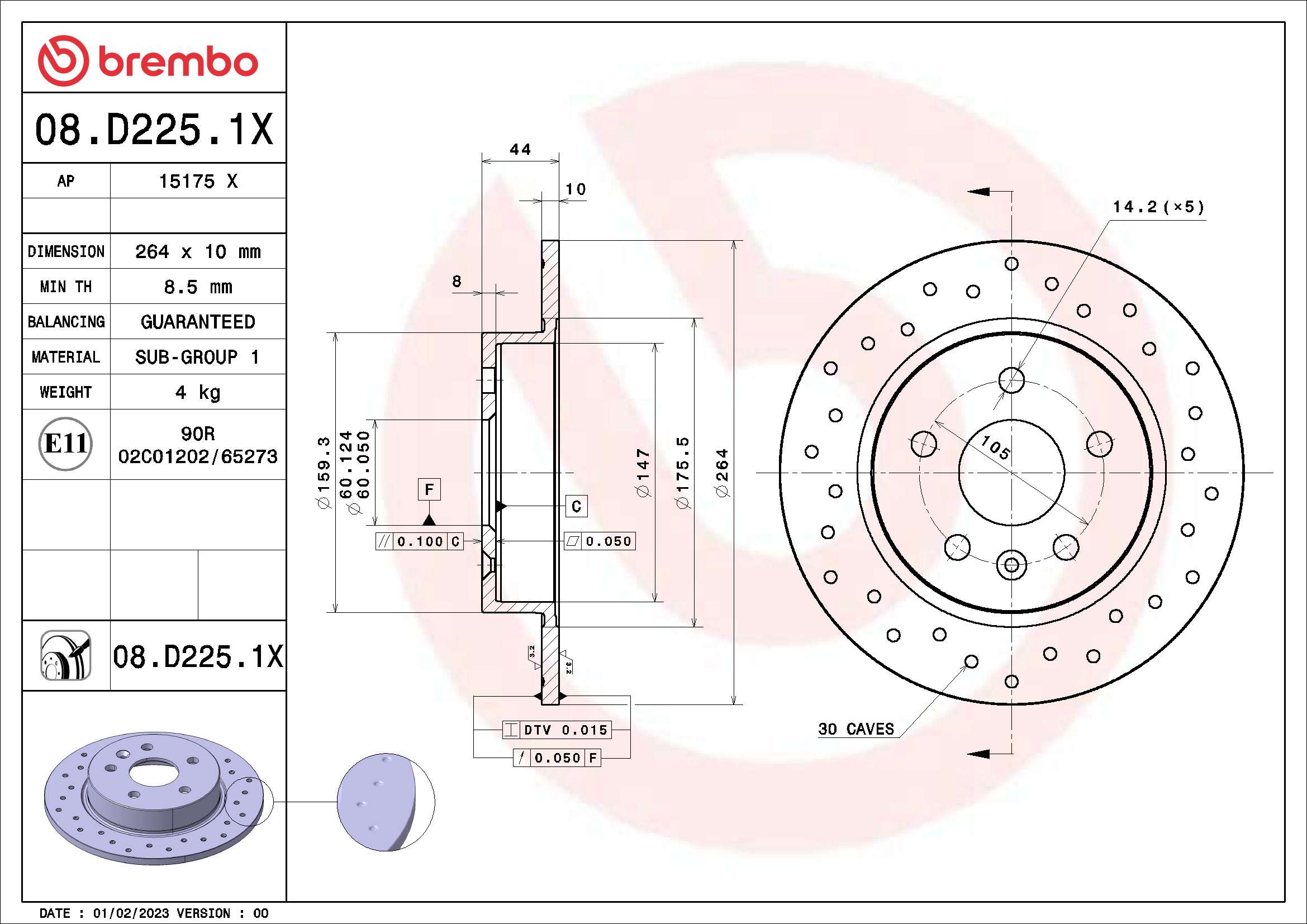 BREMBO Féktárcsa, mind 08.D225.1X_BREMBO