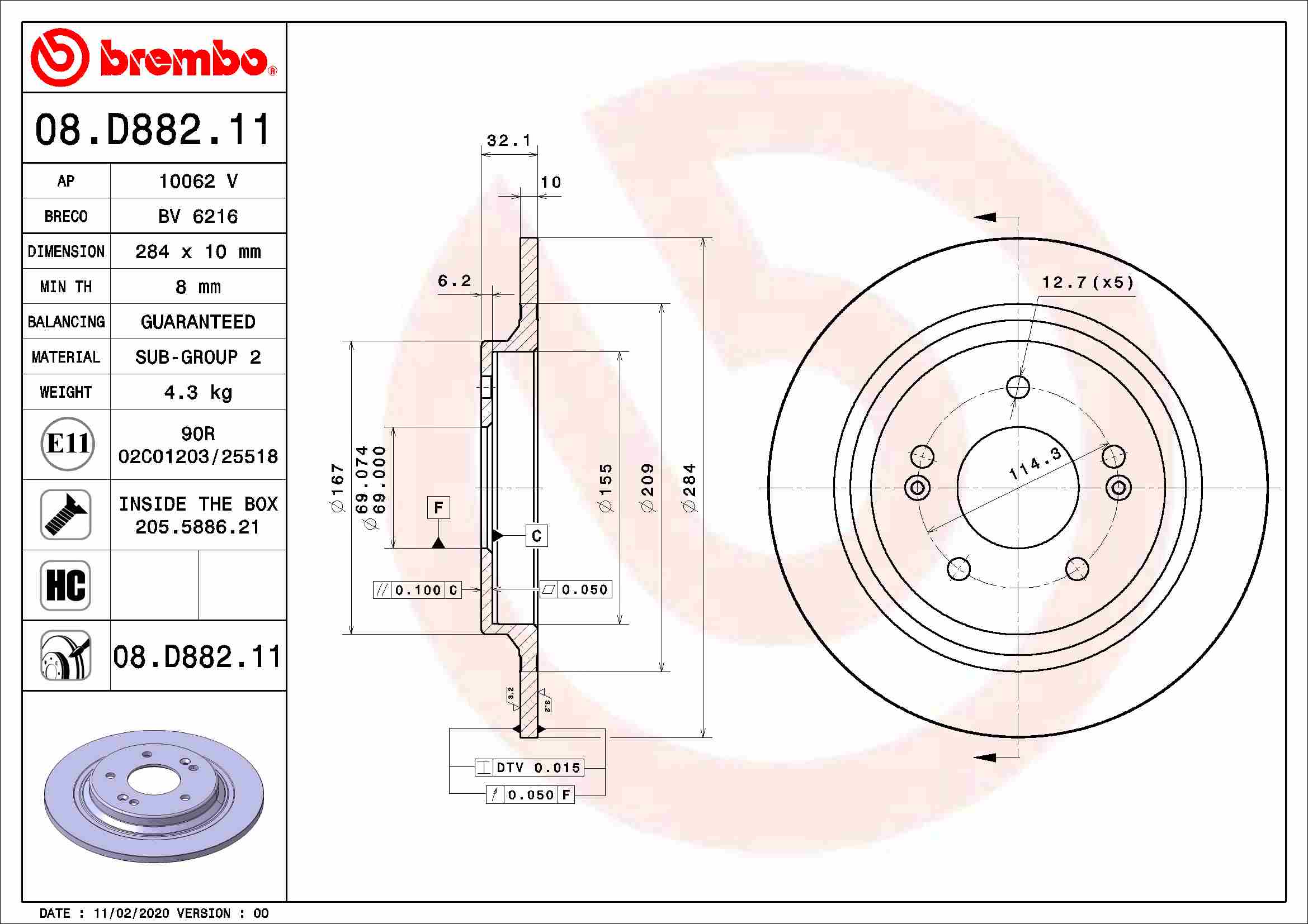 BREMBO Féktárcsa, mind 08.D882.11_BREMBO