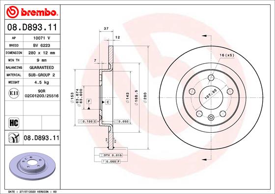 BREMBO Féktárcsa, mind 08.D893.11_BREMBO