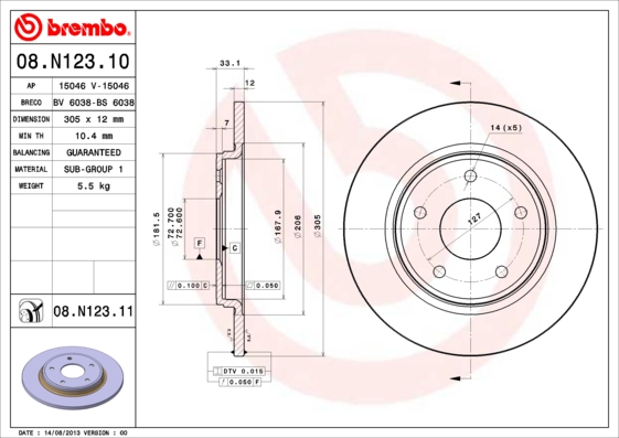 BREMBO Hátsó féktárcsa 08.N123.11_BREMBO