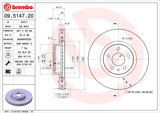 BREMBO Első féktárcsa 09.5147.20_BREMBO