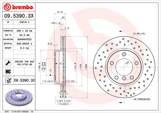 BREMBO Első féktárcsa 09.5390.3X_BREMBO