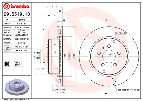 BREMBO Hátsó féktárcsa 09.5519.10_BREMBO