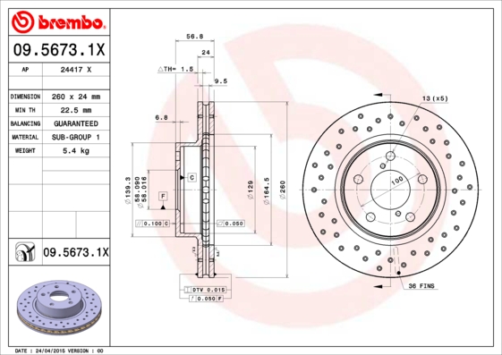 BREMBO Első féktárcsa 09.5673.1X_BREMBO