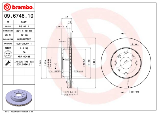 BREMBO Első féktárcsa 09.6748.10_BREMBO