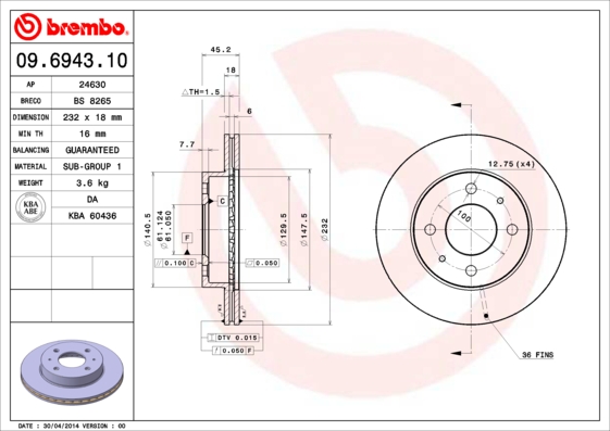 BREMBO Első féktárcsa 09.6943.10_BREMBO