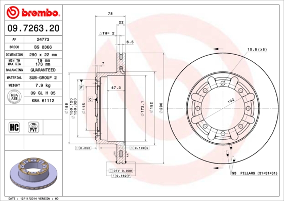 BREMBO Hátsó féktárcsa 09.7263.20_BREMBO