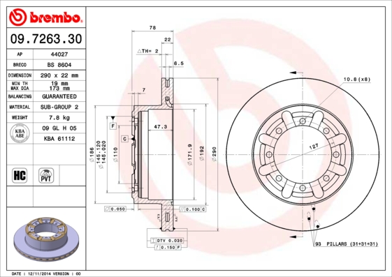 BREMBO Hátsó féktárcsa 09.7263.30_BREMBO