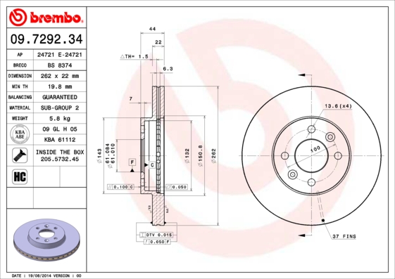 BREMBO Első féktárcsa 09.7292.34_BREMBO