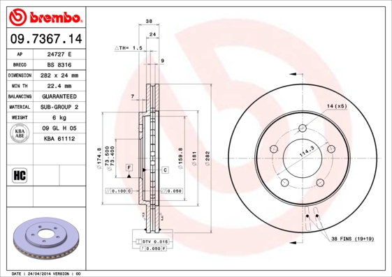 BREMBO Első féktárcsa 09.7367.14_BREMBO