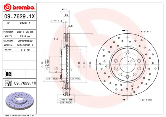 BREMBO 09.7629.1X_BREMBO Első féktárcsa