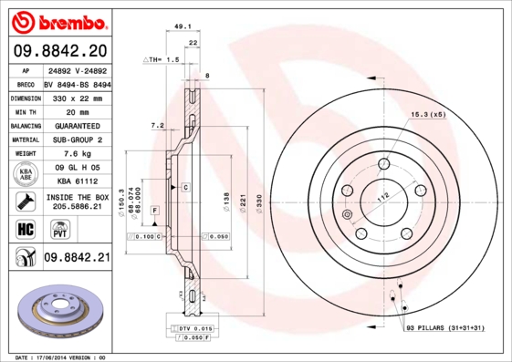 BREMBO Hátsó féktárcsa 09.8842.21_BREMBO