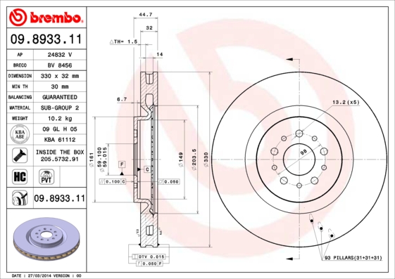 BREMBO Első féktárcsa 09.8933.11_BREMBO