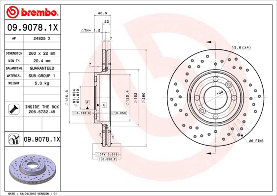 BREMBO Első féktárcsa 09.9078.1X_BREMBO