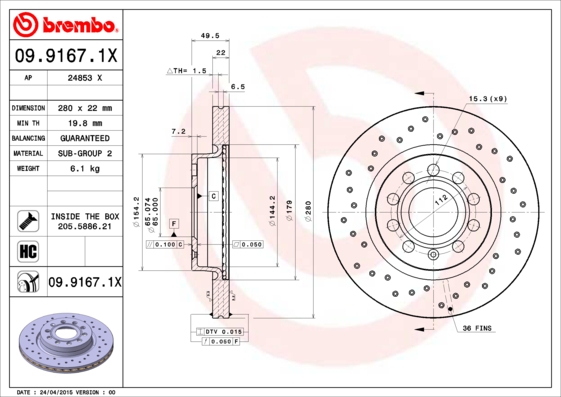 BREMBO Első féktárcsa 09.9167.1X_BREMBO