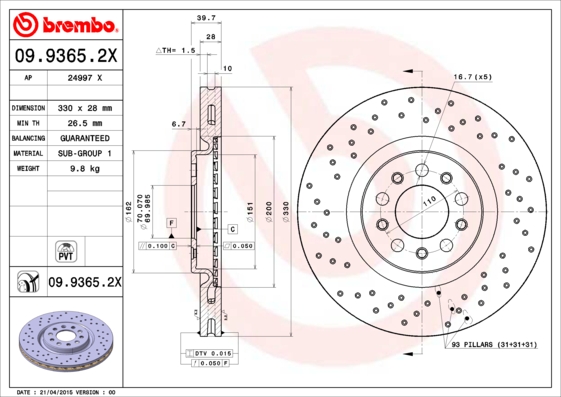 BREMBO Első féktárcsa 09.9365.2X_BREMBO