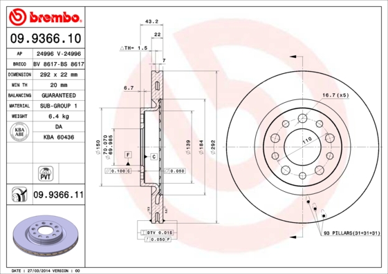 BREMBO Hátsó féktárcsa 09.9366.11_BREMBO