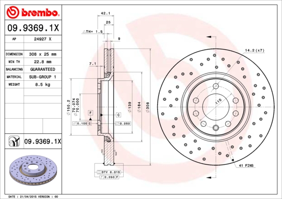 BREMBO Első féktárcsa 09.9369.1X_BREMBO