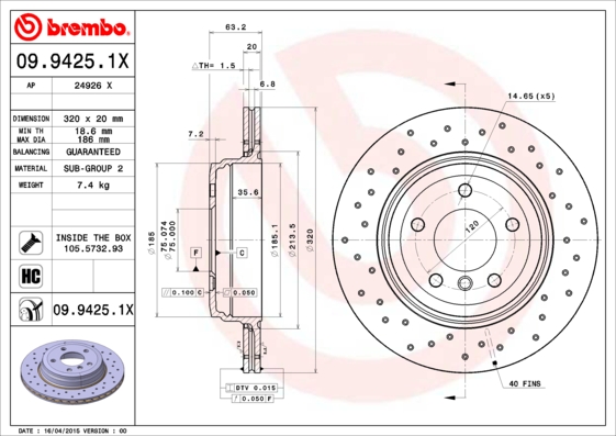 BREMBO Hátsó féktárcsa 09.9425.1X_BREMBO