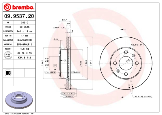 BREMBO 09.9537.20_BREMBO Első féktárcsa