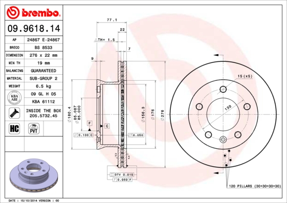 BREMBO Első féktárcsa 09.9618.14_BREMBO