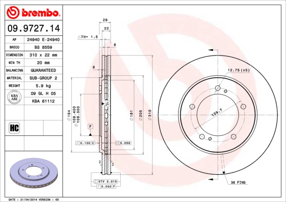 BREMBO Első féktárcsa 09.9727.14_BREMBO