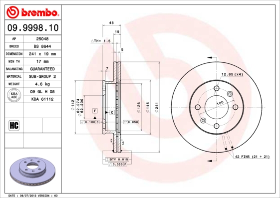 BREMBO Első féktárcsa 09.9998.10_BREMBO