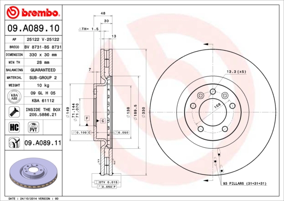 BREMBO Első féktárcsa 09.A089.10_BREMBO