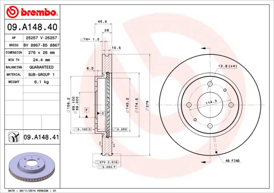 BREMBO Első féktárcsa 09.A148.41_BREMBO