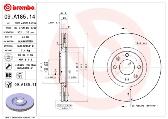 BREMBO Első féktárcsa 09.A185.11_BREMBO