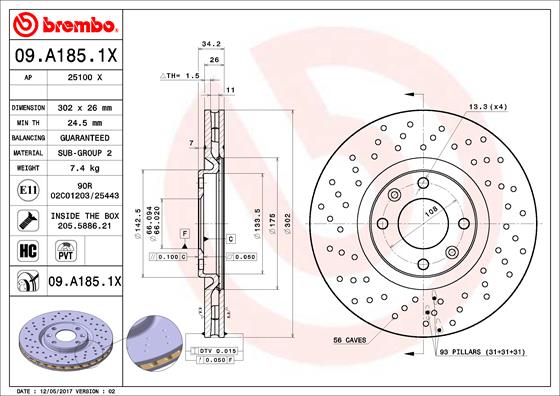 BREMBO Első féktárcsa 09.A185.1X_BREMBO