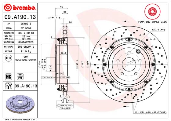 BREMBO Hátsó féktárcsa 09.A190.13_BREMBO