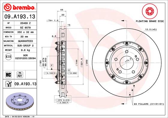 BREMBO Első féktárcsa 09.A193.13_BREMBO