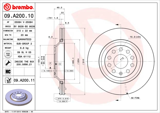 BREMBO Hátsó féktárcsa 09.A200.11_BREMBO