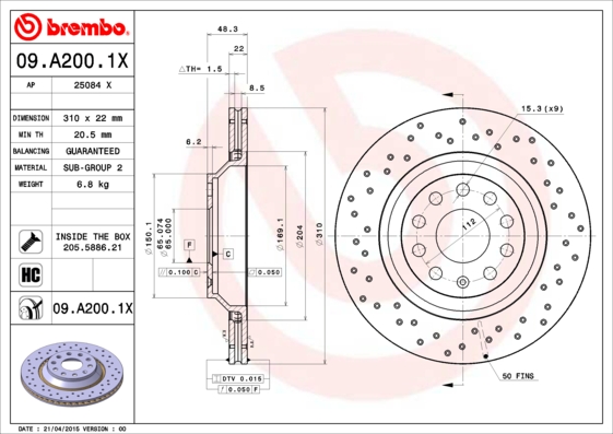 BREMBO Hátsó féktárcsa 09.A200.1X_BREMBO