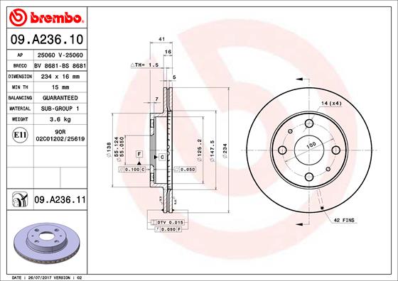 BREMBO Féktárcsa, mind 09.A236.11_BREMBO