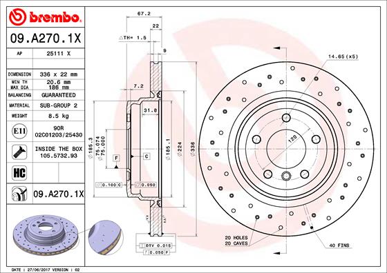 BREMBO Hátsó féktárcsa 09.A270.1X_BREMBO