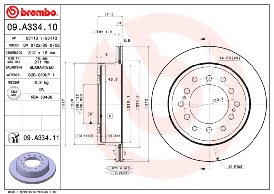 BREMBO Hátsó féktárcsa 09.A334.10_BREMBO