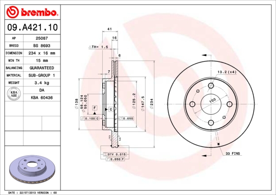 BREMBO Első féktárcsa 09.A421.10_BREMBO