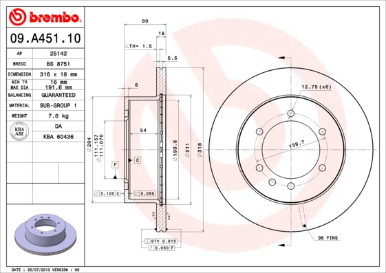 BREMBO Hátsó féktárcsa 09.A451.10_BREMBO