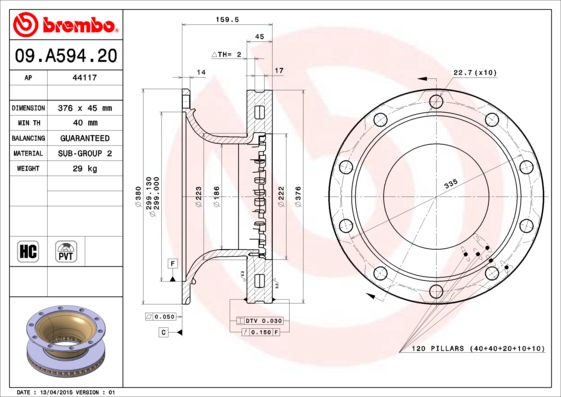 BREMBO Hátsó féktárcsa 09.A594.20_BREMBO