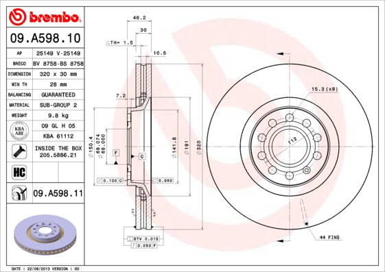 BREMBO Első féktárcsa 09.A598.11_BREMBO