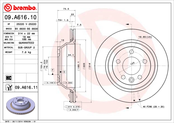 BREMBO Hátsó féktárcsa 09.A616.10_BREMBO