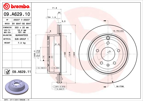 BREMBO Hátsó féktárcsa 09.A629.11_BREMBO