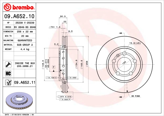 BREMBO Hátsó féktárcsa 09.A652.11_BREMBO