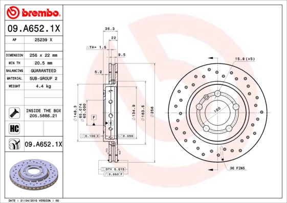 BREMBO Hátsó féktárcsa 09.A652.1X_BREMBO