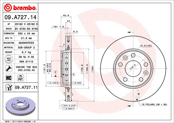 BREMBO Első féktárcsa 09.A727.11_BREMBO