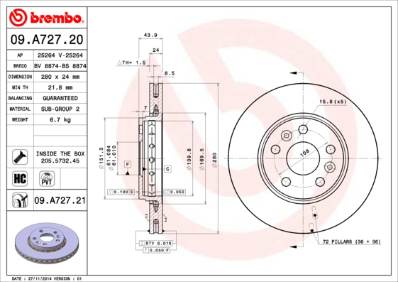 BREMBO Első féktárcsa 09.A727.21_BREMBO