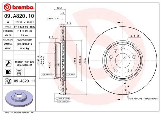 BREMBO Első féktárcsa 09.A820.11_BREMBO